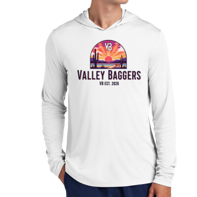 Unisex Drifit Long Sleeve Hooded Tee - Valley Baggers Sunset Thumbnail